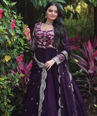 Faux Blooming Sequins Embroidered Semi-Stitched Gown with Dupatta Festive Wear 4