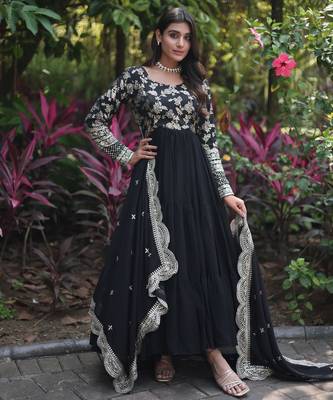 Faux Blooming Sequins Embroidered Semi-Stitched Gown with Dupatta Festive Wear 1