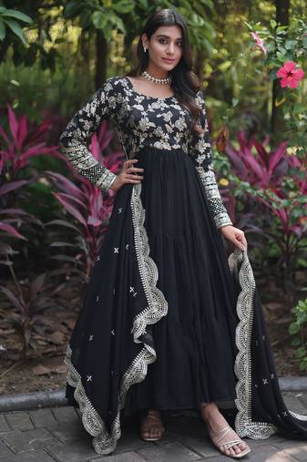 Faux Blooming Sequins Embroidered Semi-Stitched Gown with Dupatta Festive Wear