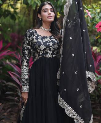 Faux Blooming Sequins Embroidered Semi-Stitched Gown with Dupatta Festive Wear 3