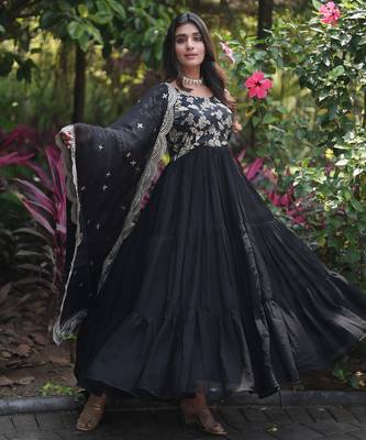Faux Blooming Sequins Embroidered Semi-Stitched Gown with Dupatta Festive Wear 4