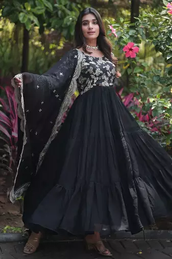Faux Blooming Sequins Embroidered Semi-Stitched Gown with Dupatta Festive Wear