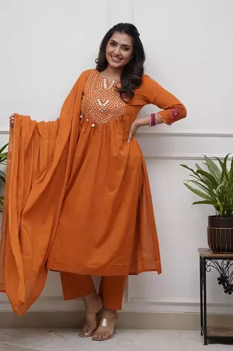 Rust Orange Cotton Mirror-Work Flared Kurti With Pant & Dupatta