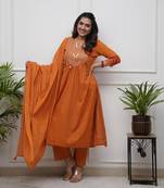 Rust Orange Cotton Mirror-Work Flared Kurti With Pant & Dupatta