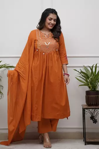 Rust Orange Cotton Mirror-Work Flared Kurti With Pant & Dupatta