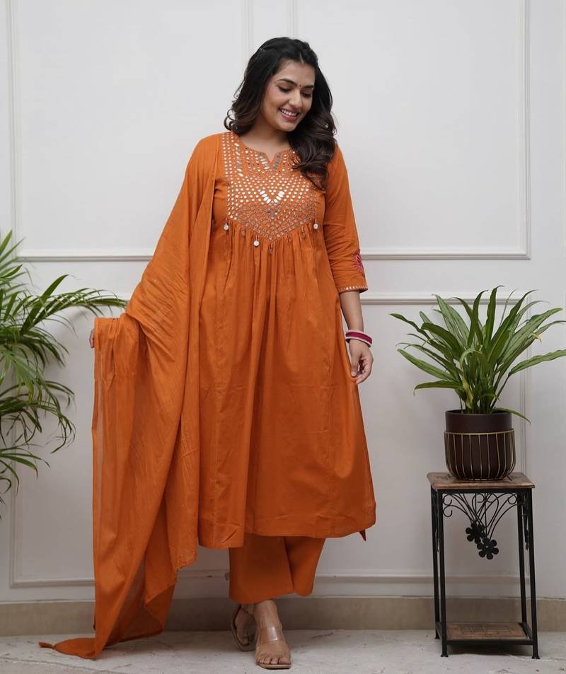 Rust Orange Cotton Mirror-Work Flared Kurti With Pant & Dupatta