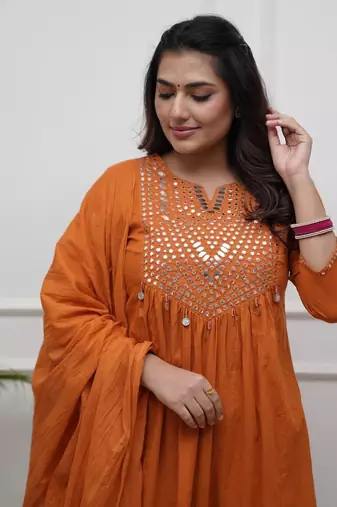 Rust Orange Cotton Mirror-Work Flared Kurti With Pant & Dupatta