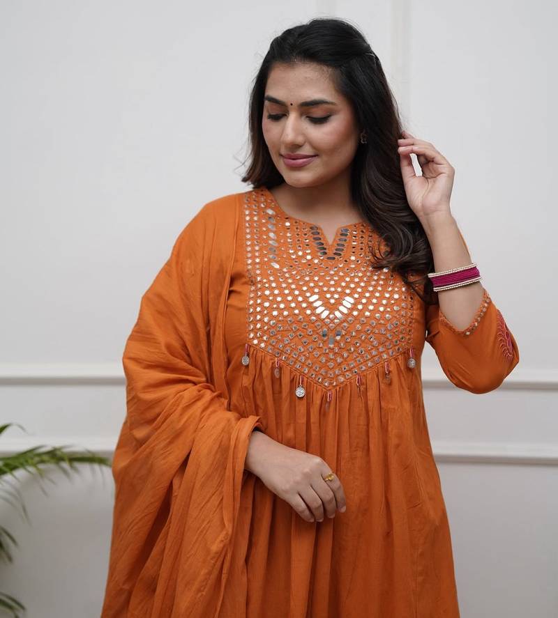 Rust Orange Cotton Mirror-Work Flared Kurti With Pant & Dupatta
