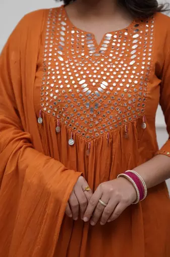 Rust Orange Cotton Mirror-Work Flared Kurti With Pant & Dupatta
