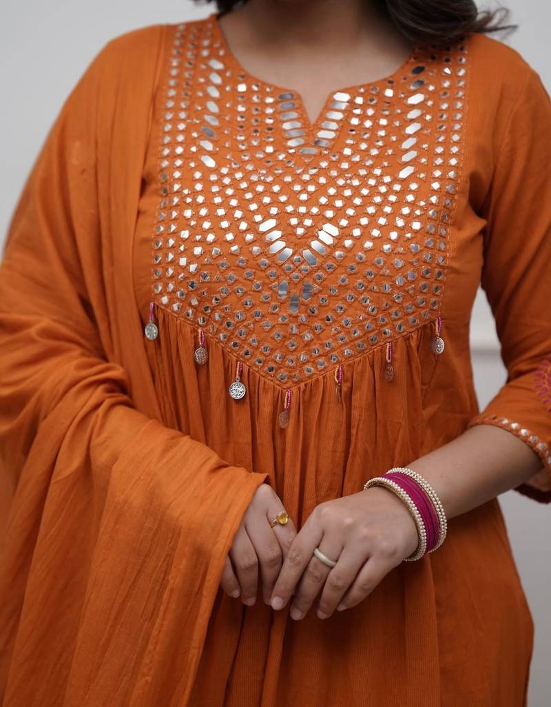 Rust Orange Cotton Mirror-Work Flared Kurti With Pant & Dupatta