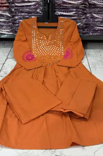 Rust Orange Cotton Mirror-Work Flared Kurti With Pant & Dupatta