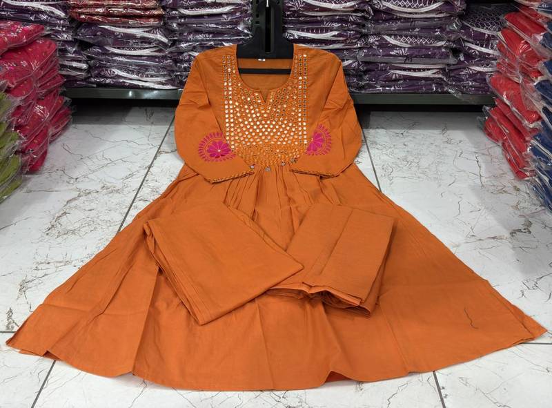 Rust Orange Cotton Mirror-Work Flared Kurti With Pant & Dupatta