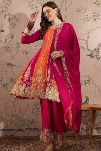 Pink & orange embroidered anarkali kurta palazzo set with dupatta 