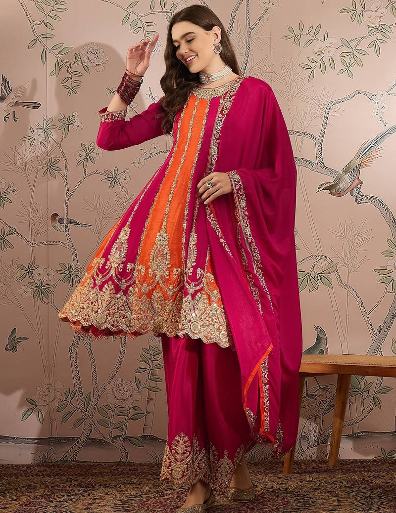 Pink & orange embroidered anarkali kurta palazzo set with dupatta 