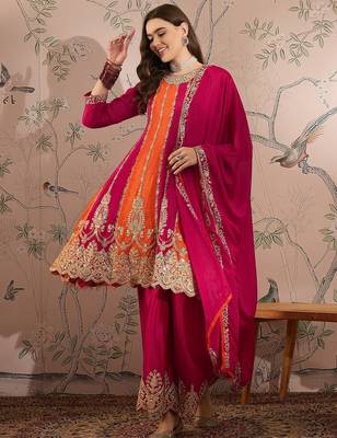 Pink & orange embroidered anarkali kurta palazzo set with dupatta  2