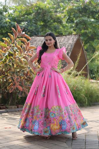 Dola Silk Printed & Embroidered Readymade Gown     Pink | 56" Length | Lightweight Festive Wear