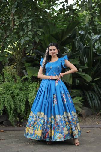 Dola Silk Printed & Embroidered Readymade Gown     Sky-Blue| Multiple Sizes | 56" Length | Light-Festive Wear