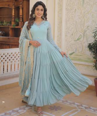Faux Georgette Sequins Embroidered Readymade Gown with Dupatta     Blue | Festive Wear 1