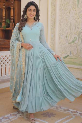 Faux Georgette Sequins Embroidered Readymade Gown with Dupatta     Blue | Festive Wear