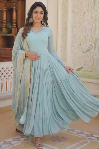 Faux Georgette Sequins Embroidered Readymade Gown with Dupatta     Blue | Festive Wear