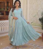 Faux Georgette Sequins Embroidered Readymade Gown with Dupatta     Blue | Festive Wear