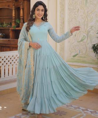 Faux Georgette Sequins Embroidered Readymade Gown with Dupatta     Blue | Festive Wear 2