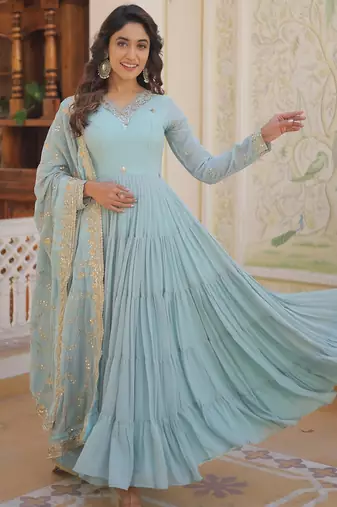 Faux Georgette Sequins Embroidered Readymade Gown with Dupatta     Blue | Festive Wear