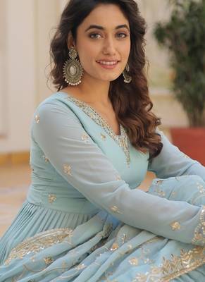 Faux Georgette Sequins Embroidered Readymade Gown with Dupatta     Blue | Festive Wear 3