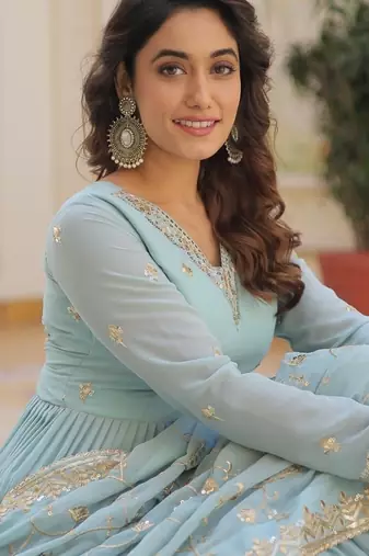 Faux Georgette Sequins Embroidered Readymade Gown with Dupatta     Blue | Festive Wear