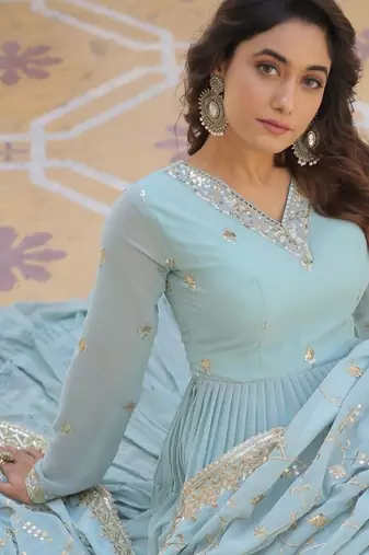 Faux Georgette Sequins Embroidered Readymade Gown with Dupatta     Blue | Festive Wear