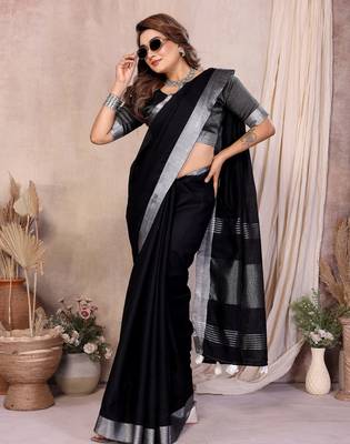 Black weaving linen cotton saree with blouse 2