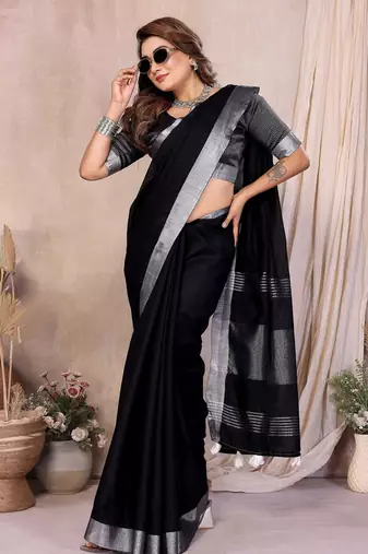 Black weaving linen cotton saree with blouse