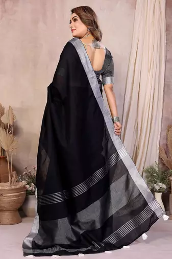 Black weaving linen cotton saree with blouse