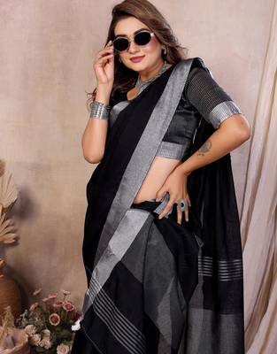 Black weaving linen cotton saree with blouse 4