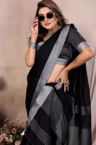 Black weaving linen cotton saree with blouse