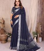 Navy blue weaving linen cotton saree with blouse