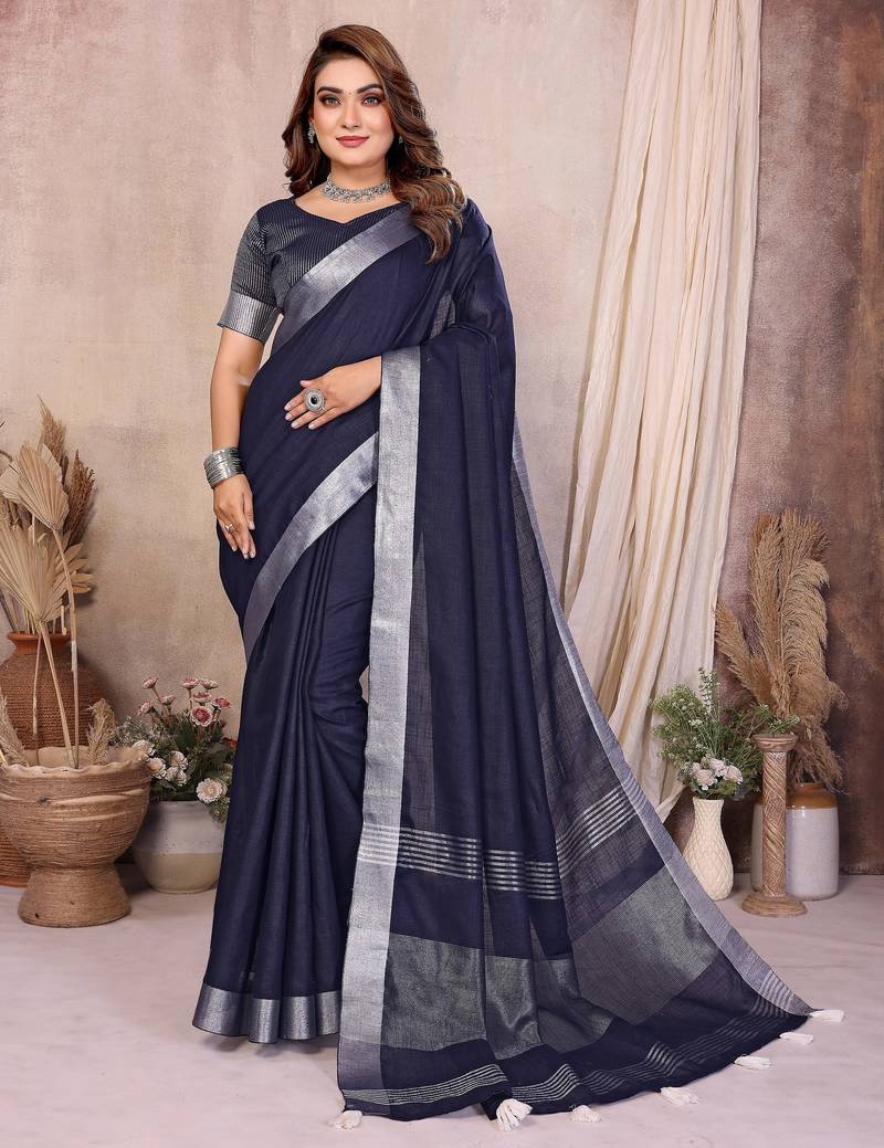 Navy blue weaving linen cotton saree with blouse