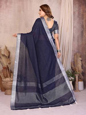Navy blue weaving linen cotton saree with blouse 2