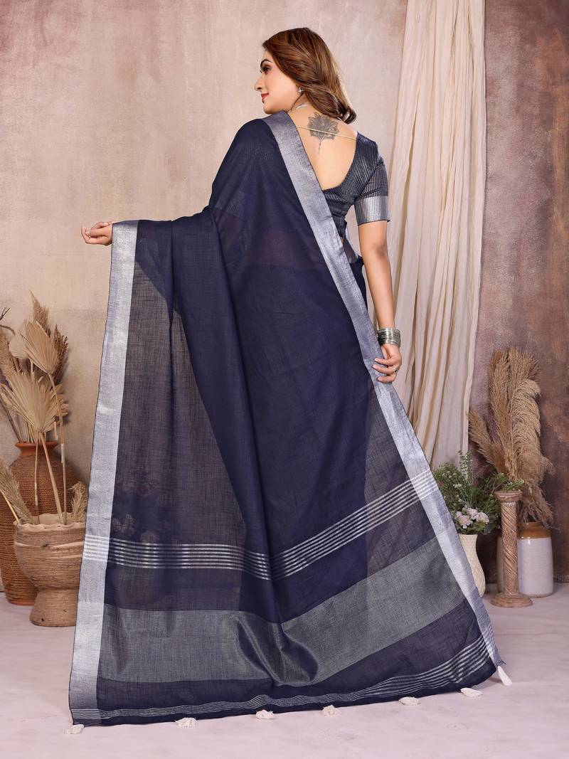 Navy blue weaving linen cotton saree with blouse