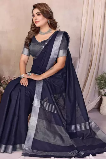 Navy blue weaving linen cotton saree with blouse
