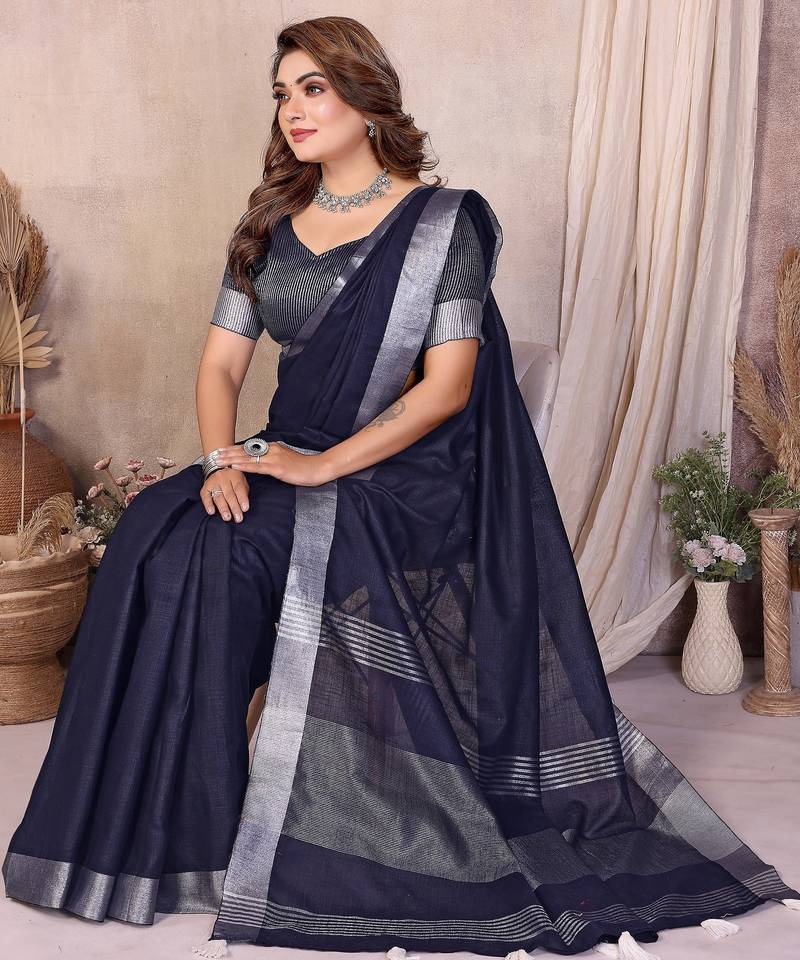 Navy blue weaving linen cotton saree with blouse