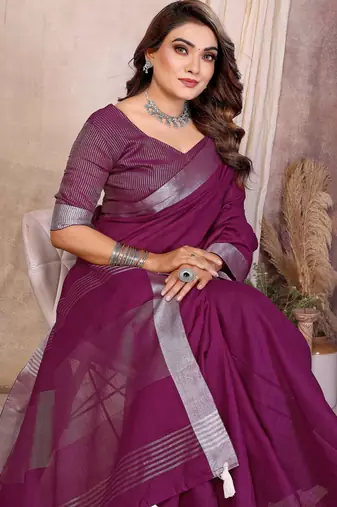 Purple weaving linen cotton saree with blouse