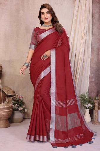 Red weaving linen cotton saree with blouse
