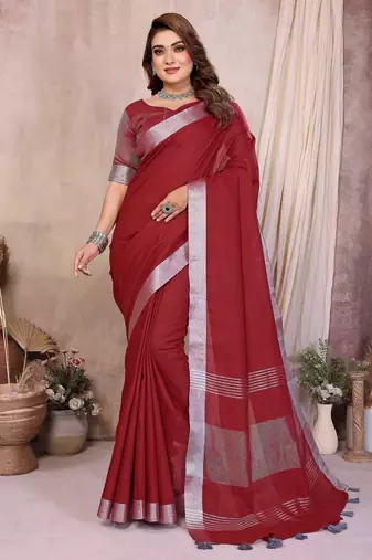 Red weaving linen cotton saree with blouse