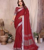 Red weaving linen cotton saree with blouse