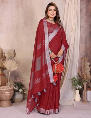 Red weaving linen cotton saree with blouse 2