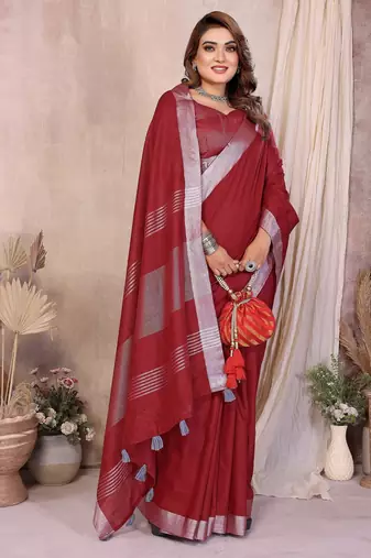 Red weaving linen cotton saree with blouse