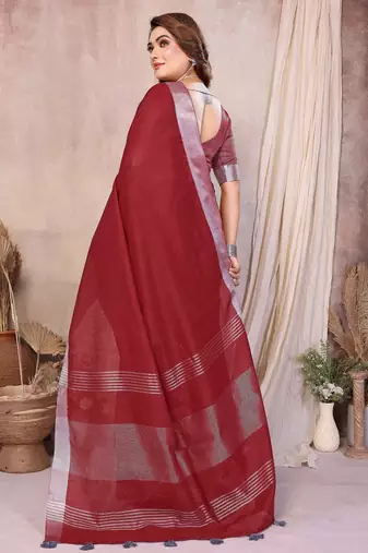 Red weaving linen cotton saree with blouse