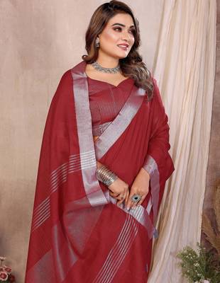 Red weaving linen cotton saree with blouse 4