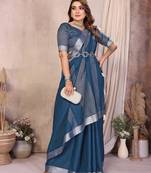 Teal weaving linen cotton saree with blouse